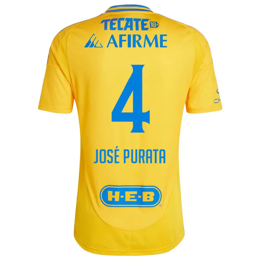 Danxen Kinderen Juan José Purata #4 Goud Geel Thuisshirt Thuistenue 2024/25 T-Shirt