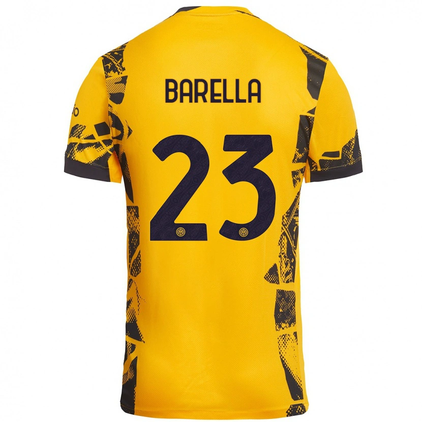 Danxen Kinderen Nicolò Barella #23 Goud Zwart Thuisshirt Derde Tenue 2024/25 T-Shirt