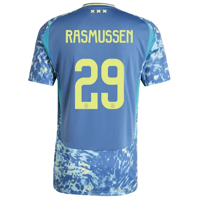 Danxen Kinderen Christian Rasmussen #29 Grijs Blauw Geel Uitshirt Uittenue 2024/25 T-Shirt