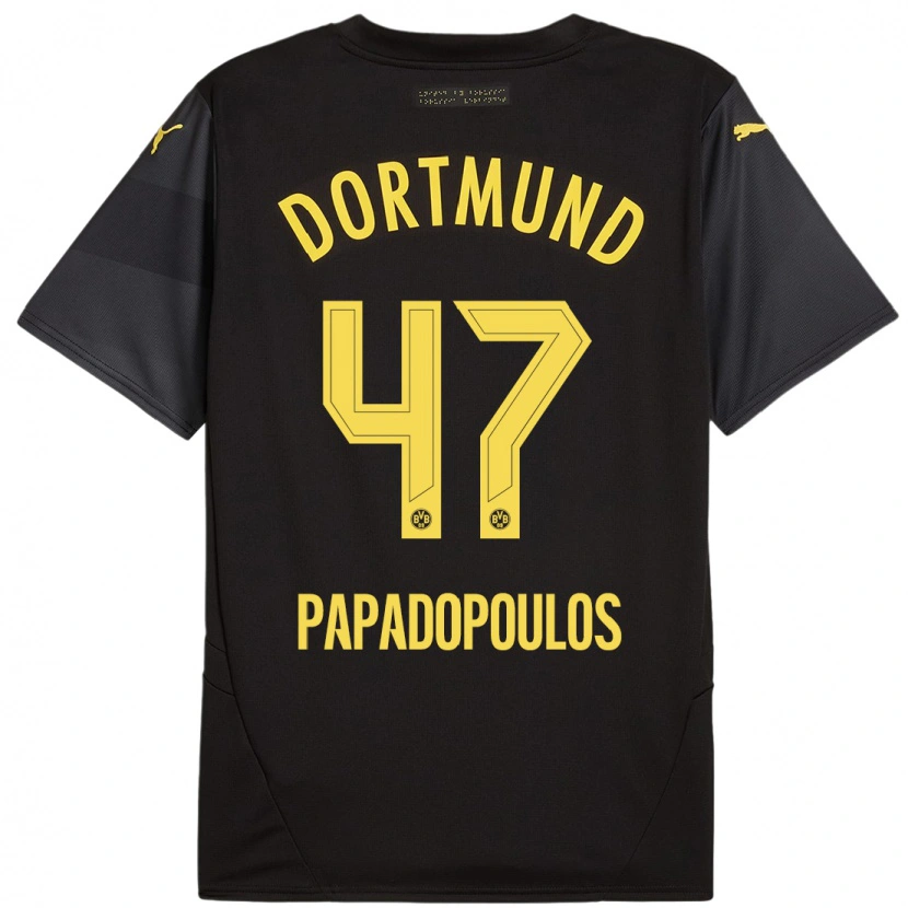 Danxen Kinderen Antonios Papadopoulos #47 Zwart Geel Uitshirt Uittenue 2024/25 T-Shirt