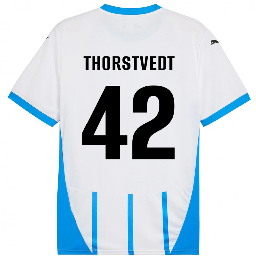 Danxen Kinderen Kristian Thorstvedt #42 Wit Blauw Uitshirt Uittenue 2024/25 T-Shirt