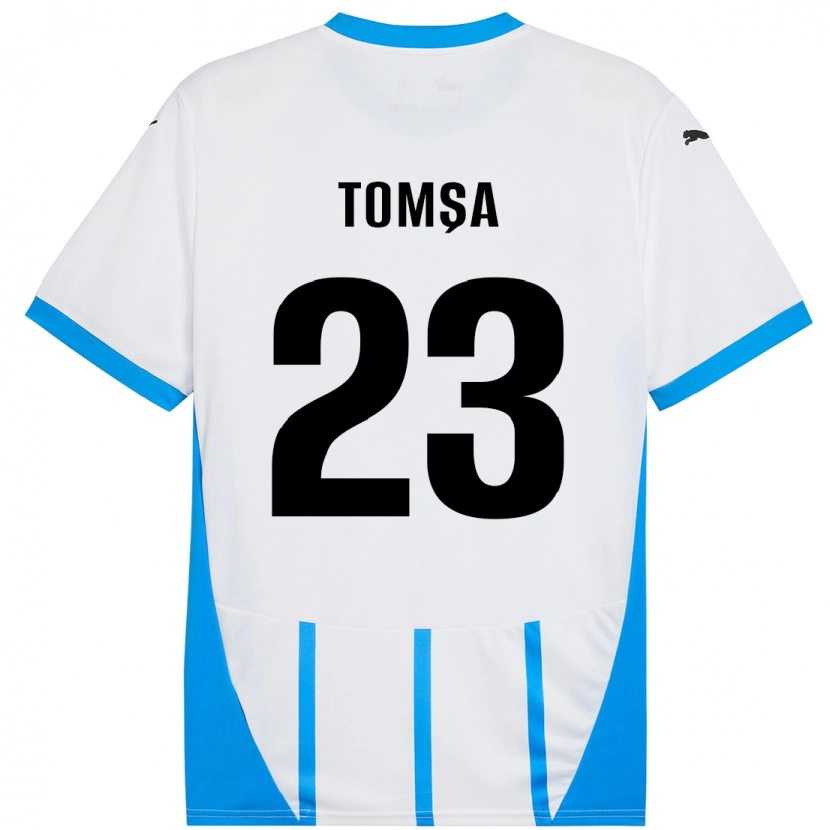 Danxen Kinderen Troy Tomșa #23 Wit Blauw Uitshirt Uittenue 2024/25 T-Shirt