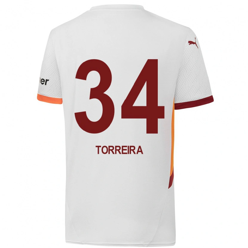 Danxen Kinderen Lucas Torreira #34 Wit Geel Rood Uitshirt Uittenue 2024/25 T-Shirt