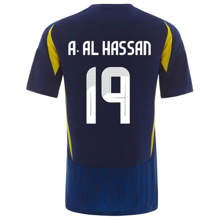 Danxen Kinderen Ali Al-Hassan #19 Blauw Geel Uitshirt Uittenue 2024/25 T-Shirt