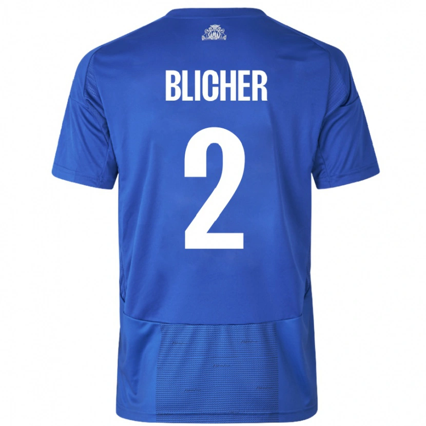 Danxen Heren Nicolai Blicher #2 Wit Blauw Uitshirt Uittenue 2024/25 T-Shirt